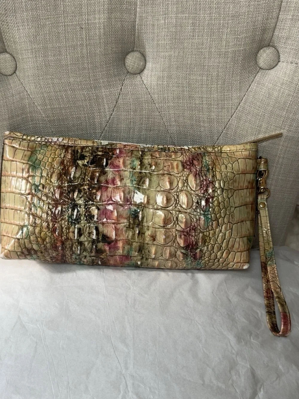 Brahmin Metallic Croc-Embossed Multicolor Wristlet - Gold, Green, Pink